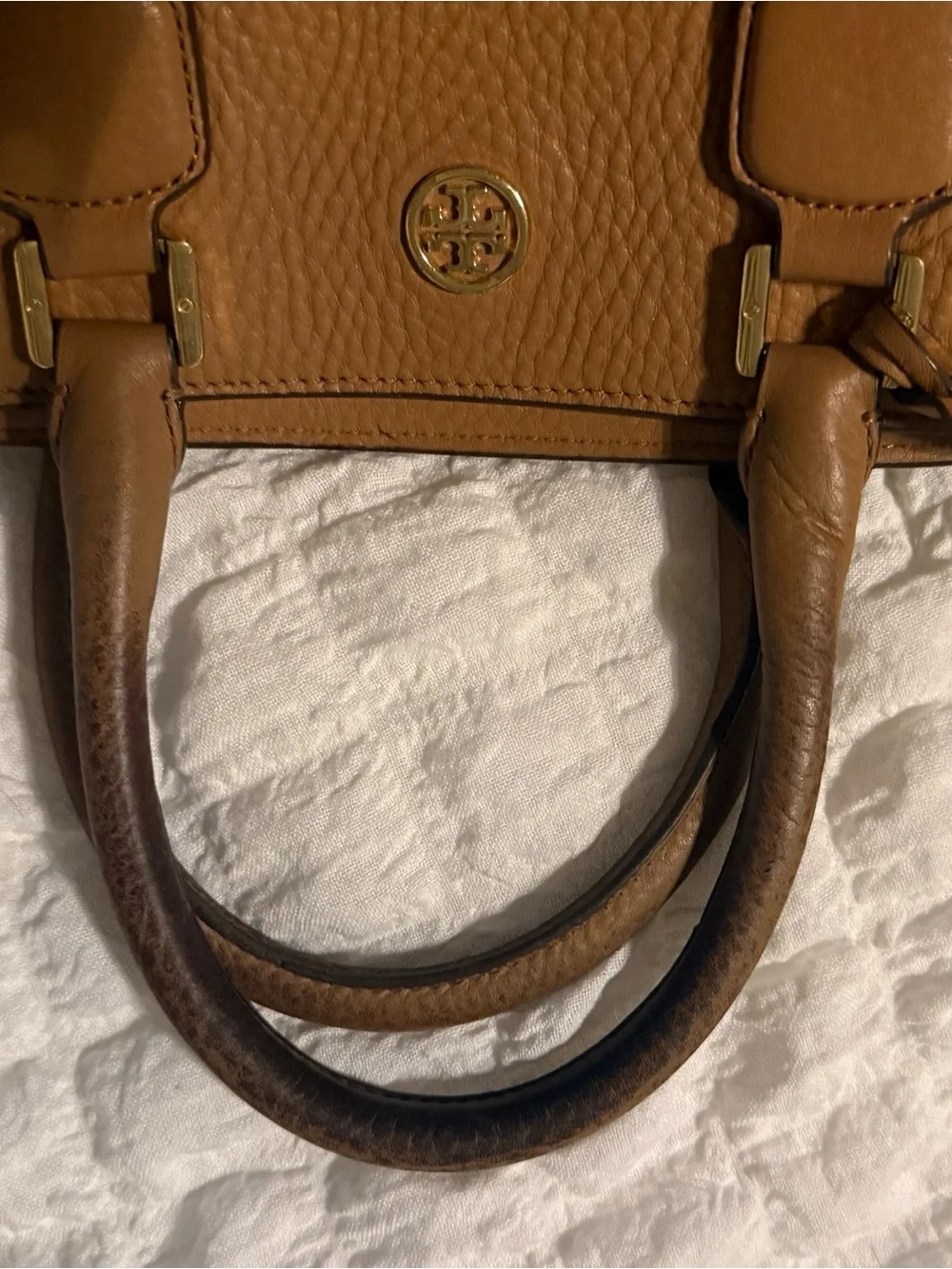 Tory Burch Tan Pebbled Leather Satchel with Gold Hardware